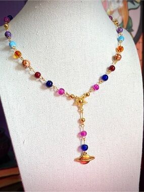 Celestial Chakra Color Beaded Planet Pendant Necklace